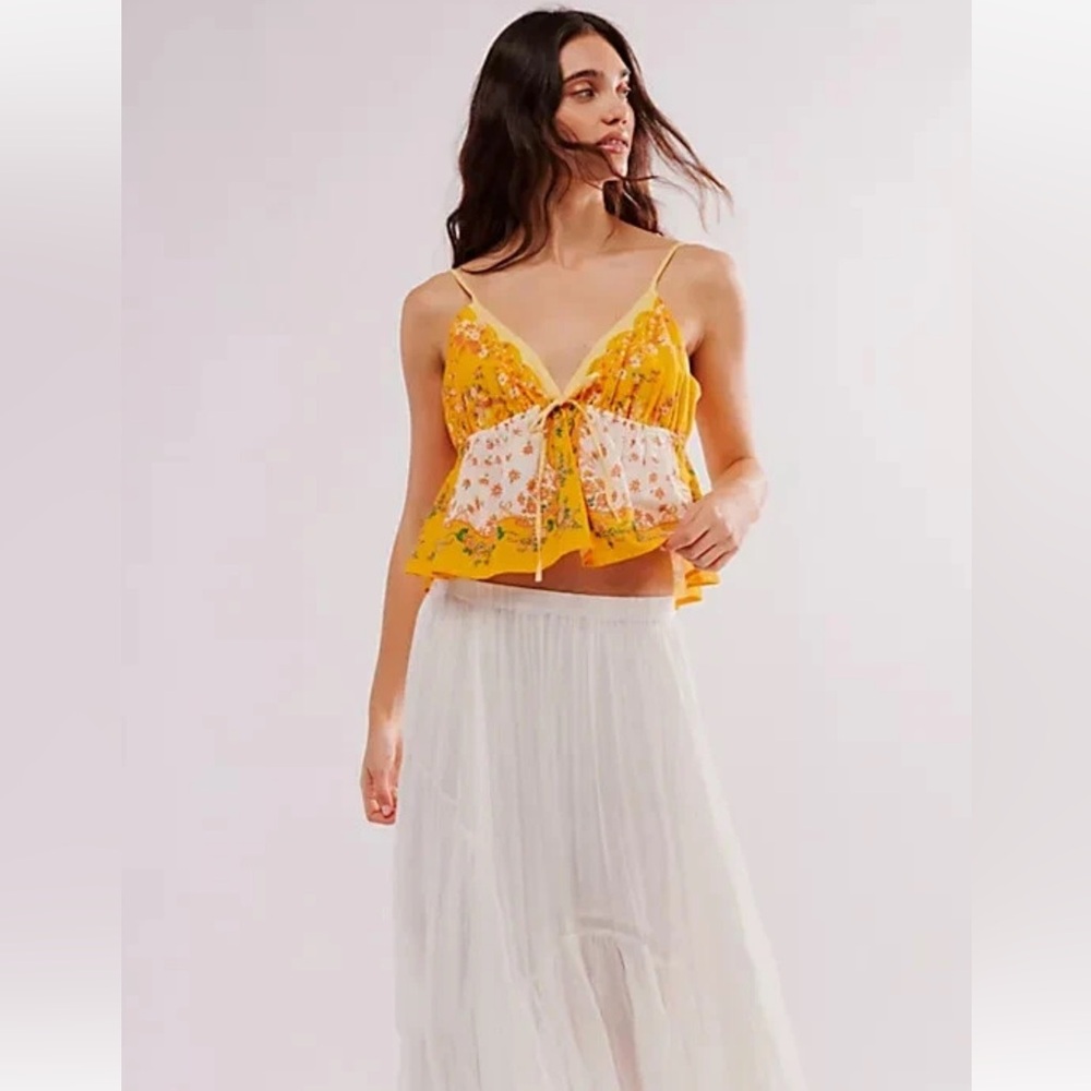Free People Yellow Floral Tie-Front Tank